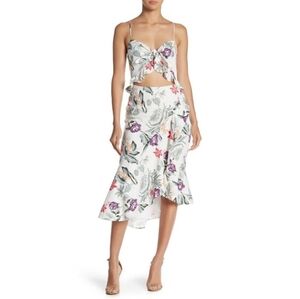 WAYF Womens Small Mahari Cutout Midi Dress Ivory Tropical Ruffle Hem Linen Blend